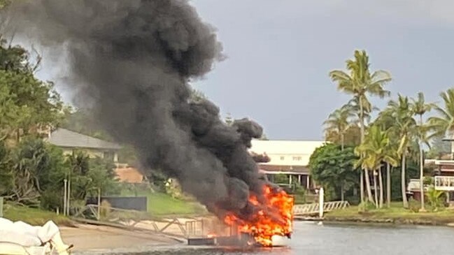 The boat fire on Tequila Court at Mermaid Waters. Picture: Oliver Boyer