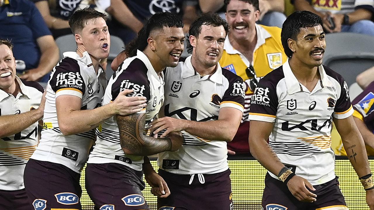 TOWNSVILLE, AUSTRALIA - AUGUST 10: Xavier Willison of the Broncos celebrates after scoring a try during the round 23 NRL match between North Queensland Cowboys and Brisbane Broncos at Qld Country Bank Stadium, on August 10, 2024, in Townsville, Australia. (Photo by Ian Hitchcock/Getty Images)