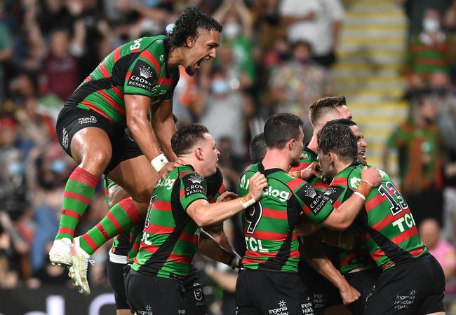 Cody Walker celebrates with team mates after a try (Photo by Bradley Kanaris/Getty Images)