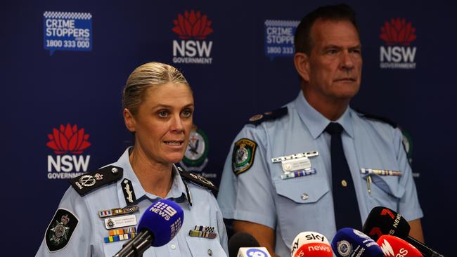 Australian Federal Police Deputy Commissioner Krissy Barrett and NSW Police Deputy Commissioner David Hudson address the media in Sydney. Picture: NewsWire/ Gaye Gerard