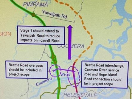 New map showing the connector roads and bridges needed to help the Coomera Connector ease traffic congestion on the M1 and at Coomera.