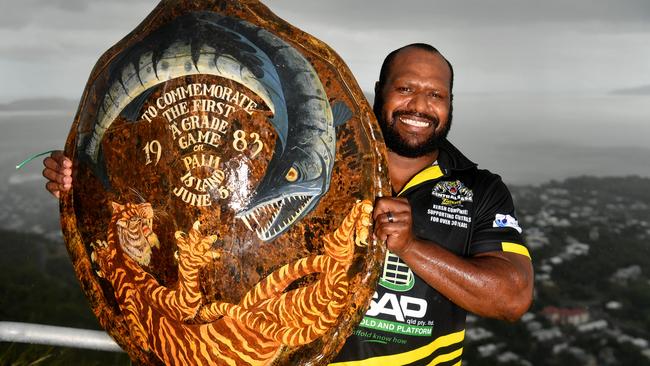 Centrals co-coach Robert Lui with the turtle shell gift presented to the Tigers by the Palm Island community in 1983 after the first QRL sanctioned match on the island. Picture: Evan Morgan