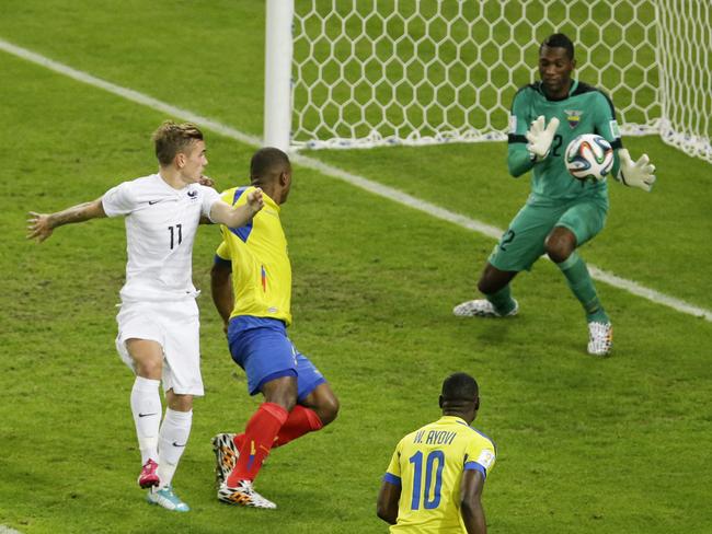 Ecuador’s goal-keeper Alexander Dominguez stops a shot for goal from France’s Antoine Griezmann in their nil-all World Cup match-up. Picture: AP Photo/Andrew Medichini