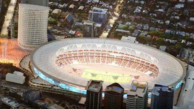 A digital depiction of how the Gabba will be transformed for the 2032 Olympics in Brisbane.