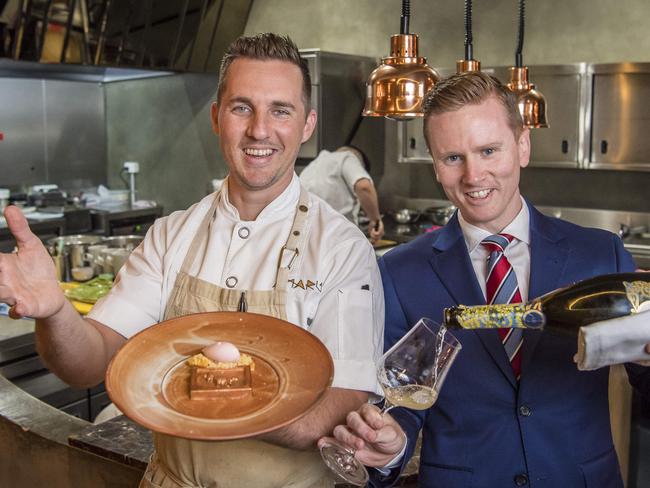 Chef/owner Clinton McIver and restaurant manager Gareth Burnett celebrate after Amaru won the Delicious.100 People's Choice Award. Picture: Jason Edwards