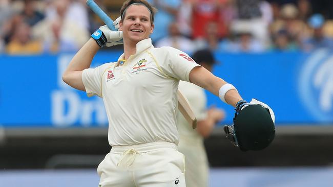 Steve Smith celebrates reaching his second century in the match as Australia took charge.