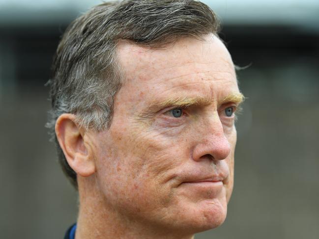 Trainer David Vandyke speaks to media after parading Alligator Blood during a media opportunity at Flemington Racecourse in Melbourne, Thursday, February 27, 2020. (AAP Image/James Ross) NO ARCHIVING