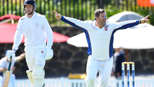 Banyule’s Grant McInerney celebrates a wicket in last season’s Money Shield grand final against Lalor Stars. Picture: James Ross