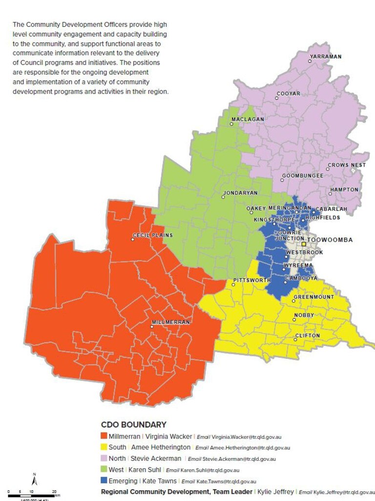 Toowoomba mayor Geoff McDonald's new councillor engagement model, featuring the northern zone (purple and green), the southern zone (orange and yellow) and the emerging zone (blue).