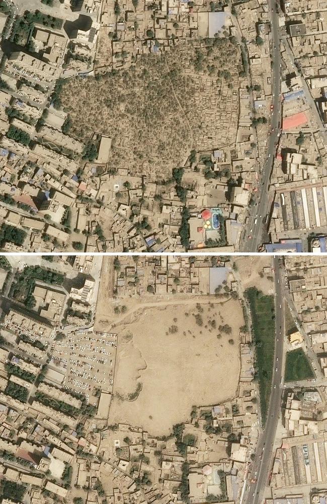 China has also engaged in the destruction of a huge number of Uighur sites, including this cemetery that was levelled and replaced with a car park. Top is a picture from April 2018 (top) and the same view in August 2019. Picture: AFP