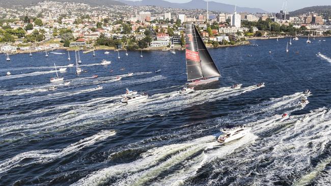 Wild Oats XI sails to victory along the Derwent River. Picture: Borlenghi Rolex/Studio 