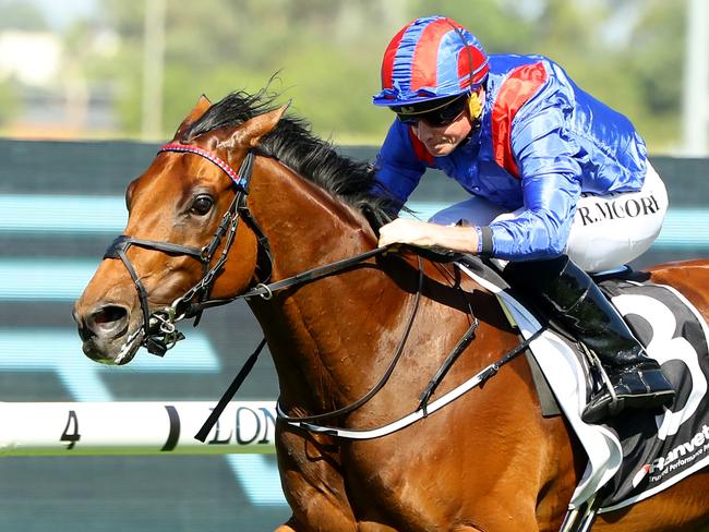 SYDNEY, AUSTRALIA - MARCH 18: Ryan Moore riding Dubai Honour wins Race 6 Ranvet Stakes during the Longines Golden Slipper Day - Sydney Racing at Rosehill Gardens on March 18, 2023 in Sydney, Australia. (Photo by Jeremy Ng/Getty Images)