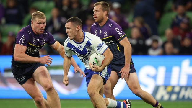 MELBOURNE, AUSTRALIA - APRIL 12: Connor Tracey of the Bulldogs runs with the ball during the round six NRL match between Melbourne Storm and Canterbury Bulldogs at AAMI Park, on April 12, 2024, in Melbourne, Australia. (Photo by Robert Cianflone/Getty Images)