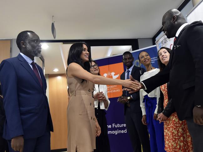 The Duchess of Sussex visits the University of Johannesburg to discuss challenges faced by female students. Picture: AP