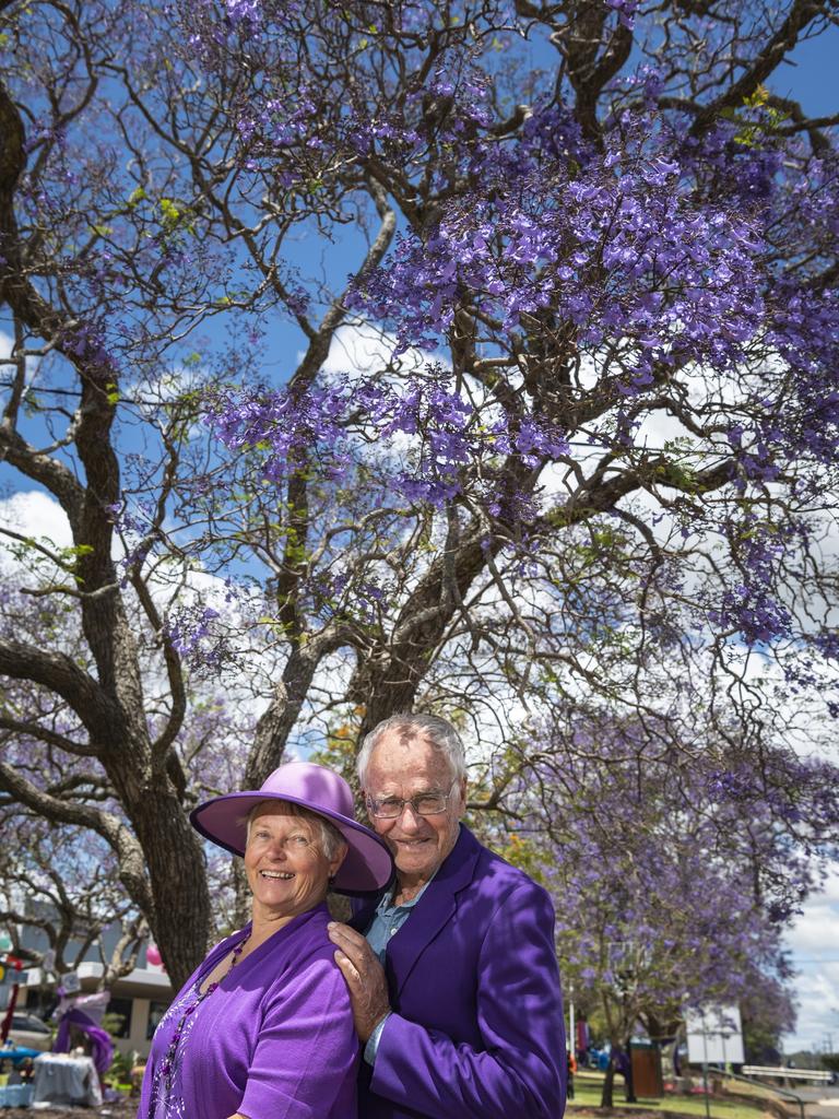 Ruth and John Knight travelled from Redlands to drive their 1941 Desoto in the grand parade at Jacaranda Day in Goombungee, Saturday, November 5, 2022. Picture: Kevin Farmer