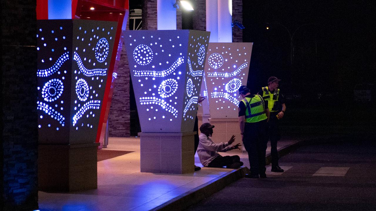 Police patrols overnight at the Lasseters Hotel Casino during the Alice Springs curfew on March 30, 2024. Picture: Pema Tamang Pakhrin