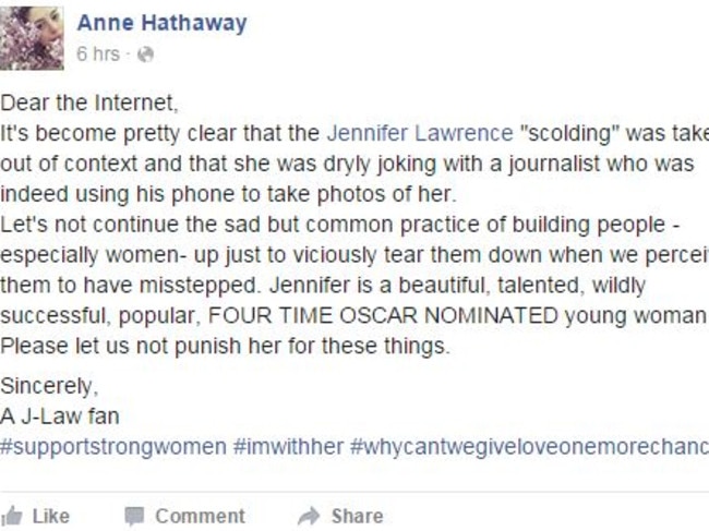 Hathaway’s post in defence of Jennifer Lawrence has so far gained nearly 51,000 likes and over 1,500 shares.