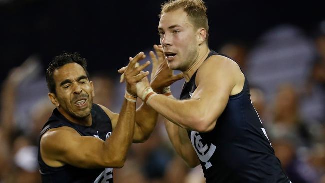 Big Harry McKay, celebrating a goal with Eddie Bett, had a day out for the Blues. Picture: AFL Photos/Getty Images