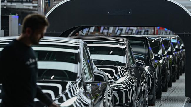 A line of electric vehicles at Tesla's "Gigafactory" plant in Gruenheide, southeast of Berlin. Picture: Patrick Pleul/AFP