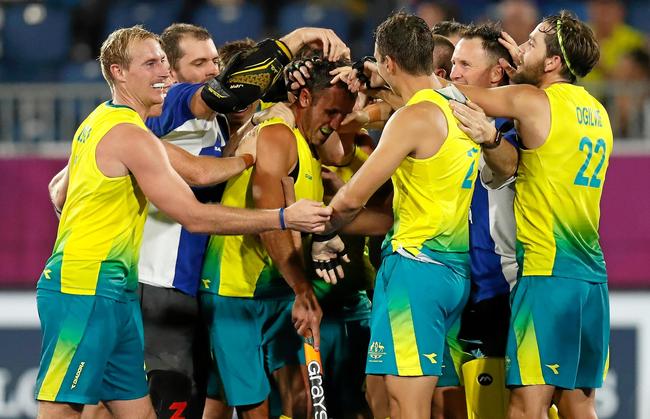 Mark Knowles celebrates with teammates after winning the Mens Hockey gold medal match against New Zealand at the Gold Coast 2018 Commonwealth Games on April 14, 2018. (Photo by Michael Willson). Picture: Michael Willson
