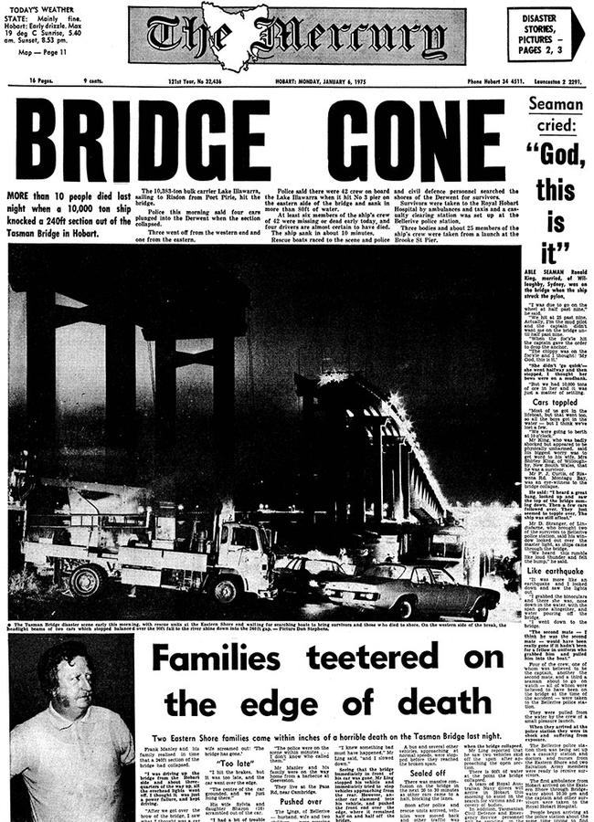 The Hobart Mercury from January 6, 1975 reporting the Tasman Bridge collapse on the evening of January 5, 1975.