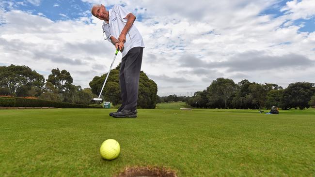 Ringwood pensioner Liladhar Jeraj playing at Ringwood Golf Course, which could be overhauled and have its number of holes reduced. Picture: Tony Gough