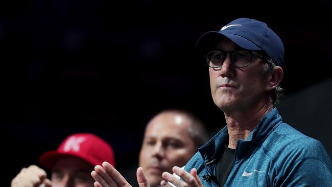 Darren Cahill celebrating a point during the match (Photo by Lintao Zhang/Getty Images)