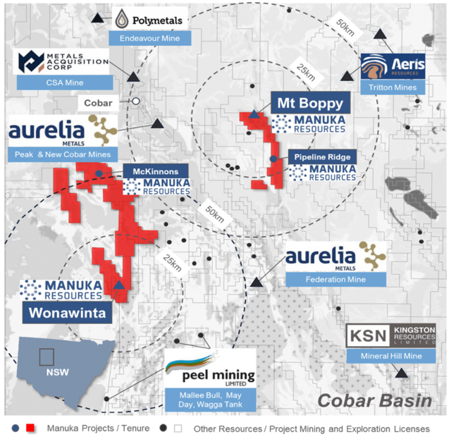 The location of Manuka’s Wonawinta and Mt Boppy projects within the Cobar Basin. Pic: MKR