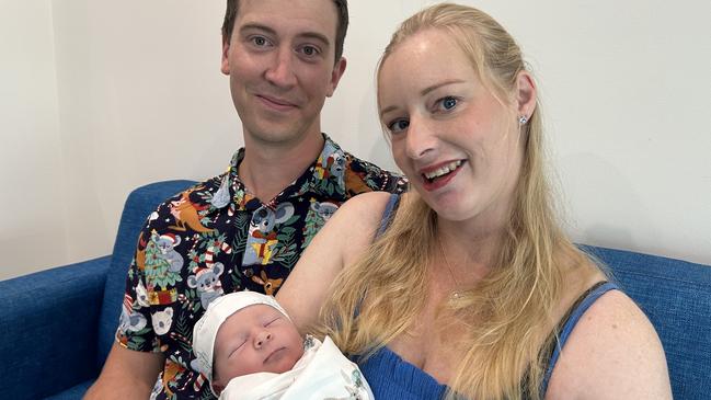 Candice and Rhys Brimblecombe with newborn baby Theo at the Royal Hobart Hospital. Picture: Bridget Clarke