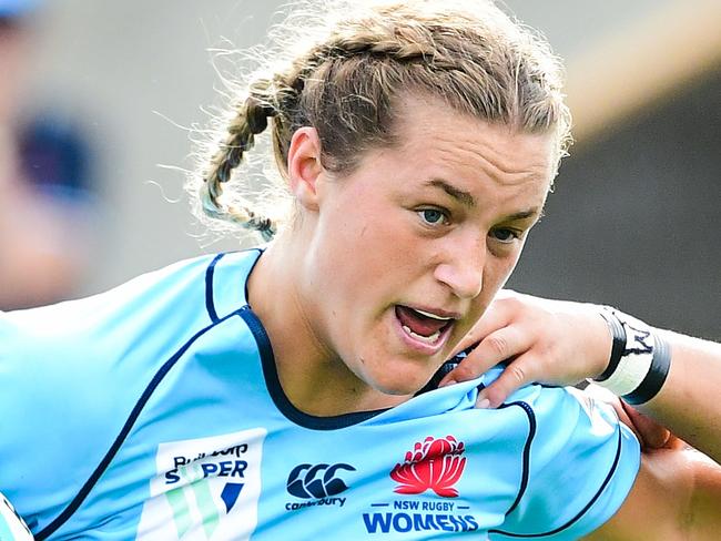 Super W, round three; NSW v Queensland at Leichhardt Oval, Sydney. Arabella McKenzie of NSW and Queensland's Shannon Mato. Photo: Rugby AU Media/Stuart Walmsley