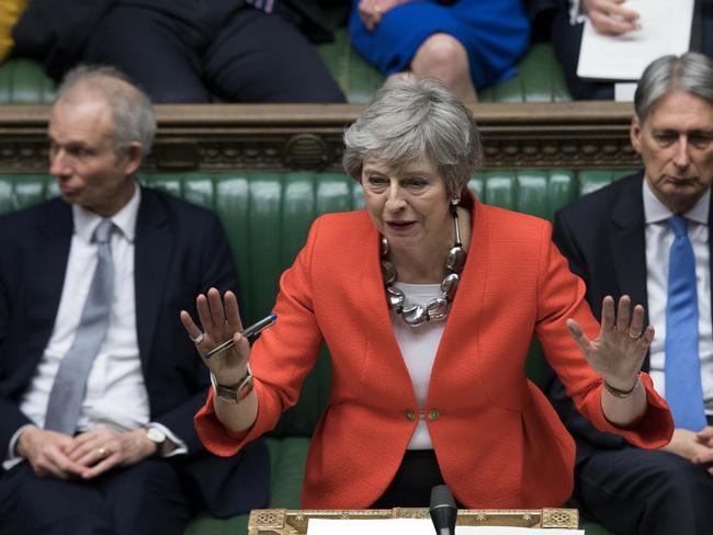 FILE - In this Tuesday March 12, 2019 file photo Britain's Prime Minister Theresa May speaks to lawmakers in parliament, London. Britain's love-hate relationship with the rest of Europe goes back decades, but the Brexit crisis gripping it today stems from dramatic January 2013 speech by Prime Minister David Cameron in which he promised an "in or out" referendum. Britain voted to leave, but negotiations between Britain and the EU have been slow and at times acrimonious, and the 585-page withdrawal agreement produced after two years of talks has been rejected twice by Britain's divided Parliament. (Jessica Taylor/UK Parliament via AP, File)