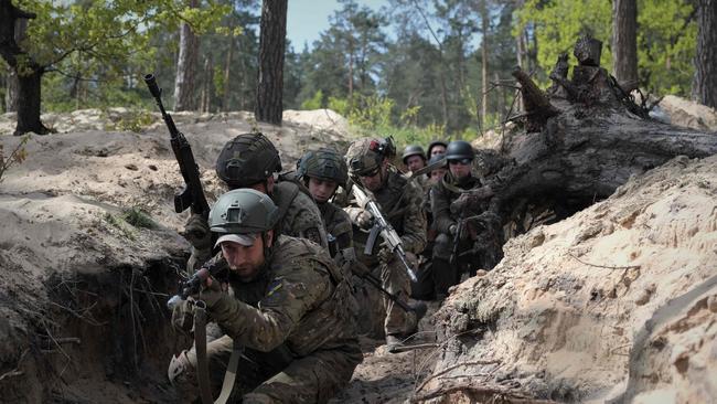 Servicemen of a unit of the National Guard of Ukraine, which is part of the “Guard of Offensive" outside Kyiv on May 3, 2023. Picture: AFP