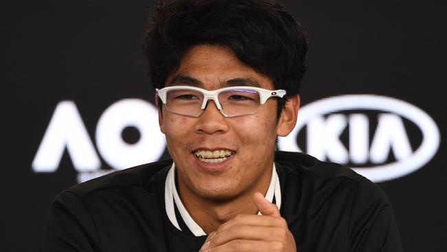 South Korea's Hyeon Chung addresses a press conference after his victory over Serbia's Novak Djokovic in their men's singles fourth round match on day eight of the Australian Open tennis tournament in Melbourne early January 23, 2018. / AFP PHOTO / WILLIAM WEST / -- IMAGE RESTRICTED TO EDITORIAL USE - STRICTLY NO COMMERCIAL USE --