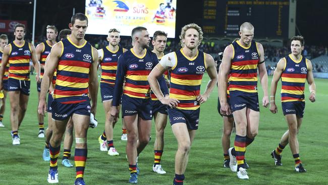 Taylor Walker and Rory Sloane lead the Crows off Adelaide Oval after their loss to Collingwood. Picture: Sarah Reed