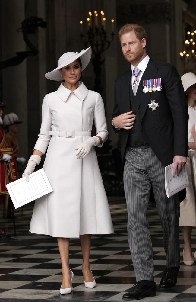 Prince Harry and Meghan Markle, Duke and Duchess of Sussex leave after a service of thanksgiving for the reign of Queen Elizabeth II at St Paul's Cathedral in London. Picture: Getty Images