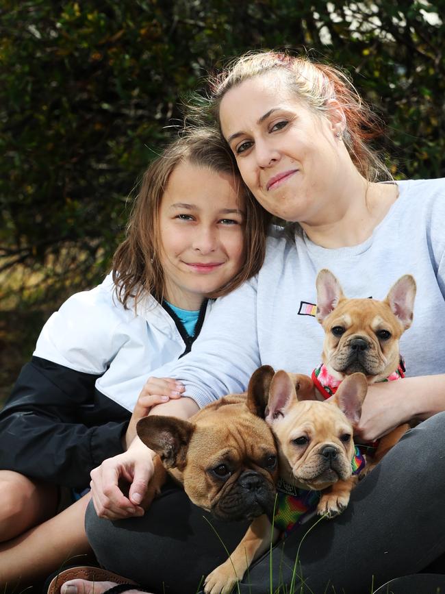 Jade Pross and son Tyler, 11, with French bulldog Cali and puppies Gucci and Rari. Picture: NIKKI DAVIS-JONES