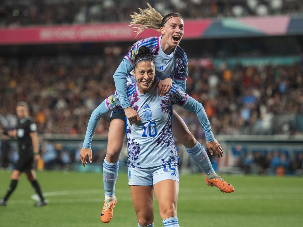 Spanish joy for Jennifer Hermoso as she celebrates scoring her goal with teammate Eva Navarro at Eden Park in Auckland. Picture: Joe Prior/Visionhaus via Getty Images