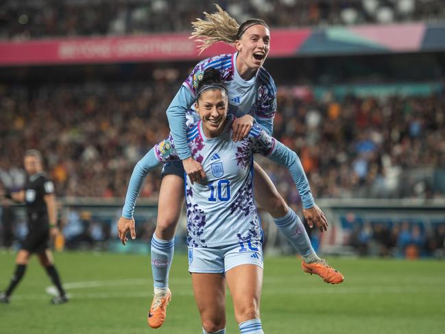 Spanish joy for Jennifer Hermoso as she celebrates scoring her goal with teammate Eva Navarro at Eden Park in Auckland. Picture: Joe Prior/Visionhaus via Getty Images