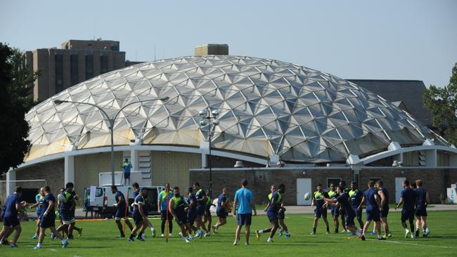 The Australian National Rugby team, nicknamed the Wallabies, practice at the University of Notre Dame in South Bend, Ind., Thursday, Sept. 3, 2015. The USA Rugby Eagles and Australia Wallabies play at Soldier Field in Chicago on Saturday, in a final test before both teams depart for the Rugby World Cup in England. (AP Photo/Joe Raymond)