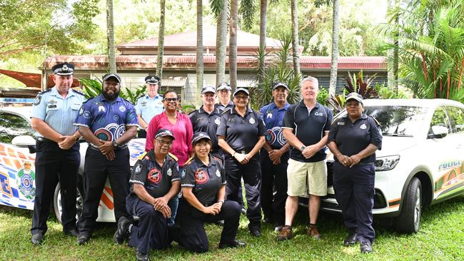 Cairns police officers, liaison officers and politicians have welcomed the new high-visibility police vehicles to Cairns. Picture: Isaac McCarthy