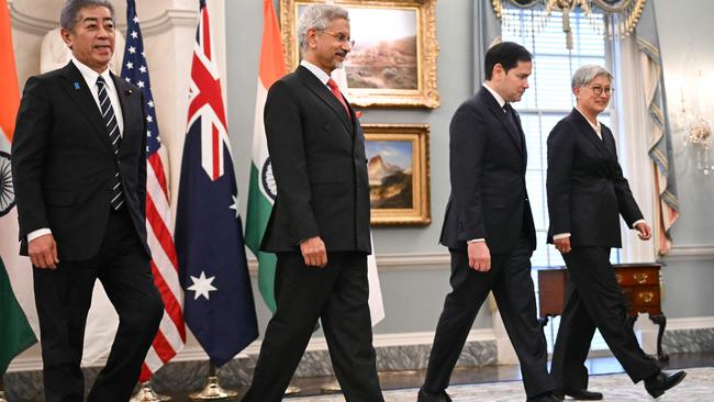 US Secretary of State Marco Rubio walks with Foreign Minister Penny Wong, Japanese Foreign Minister Iwaya Takeshi and Indian Foreign Minister Subrahmanyam Jaishankar. Picture: AFP