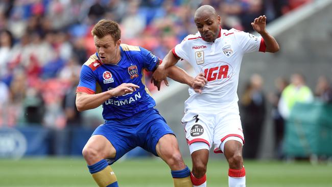 Gleeson high-performance coach Daniel Mullen (left), playing for Newcastle Jets in 2016. Picture: AAP/Paul Miller