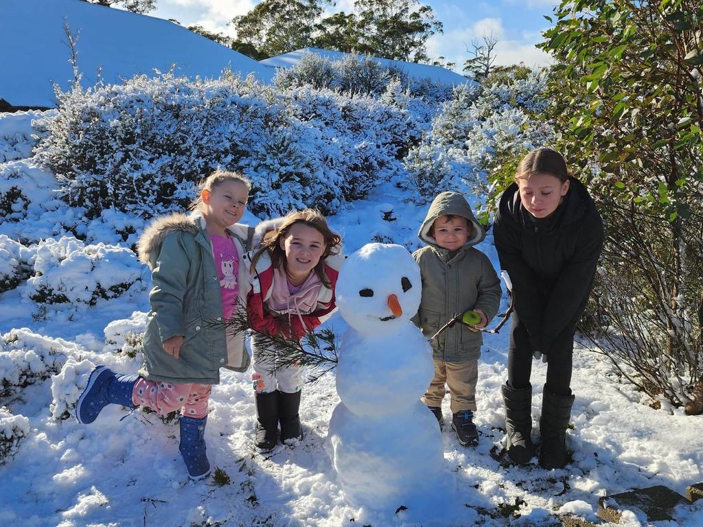 Siblings Kassidy, 4, Michaela, 8, Kobe, 2 and Kasey Paterson, 10 enjoy the snow at Cradle Mountain. Photo: Josho Paterson