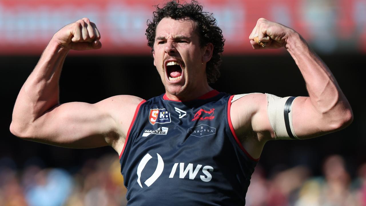 Norwood’s Tristan Binder celebrates a goal during last season’s SANFL grand final against Glenelg. Picture: David Mariuz/SANFL