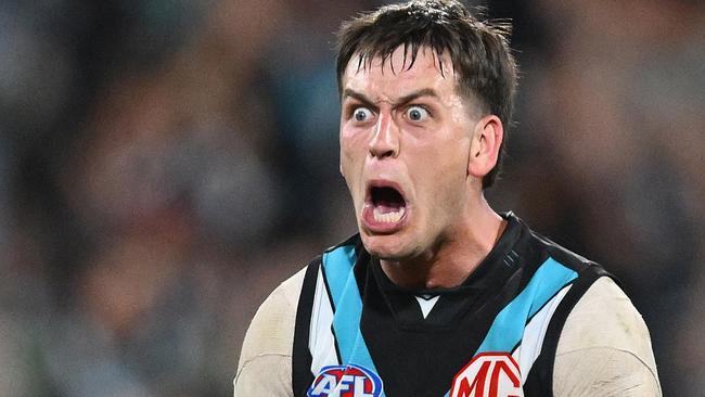 ADELAIDE, AUSTRALIA - APRIL 13: Zak Butters of the Power celebrates at full time during the round five AFL match between Port Adelaide Power and Hawthorn Hawks at Adelaide Oval, on April 13, 2025, in Adelaide, Australia. (Photo by Quinn Rooney/Getty Images) *** BESTPIX ***