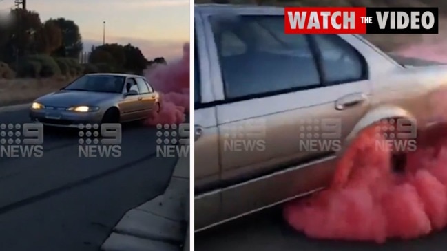 Hoons do burnout with pink smoke (9 News)