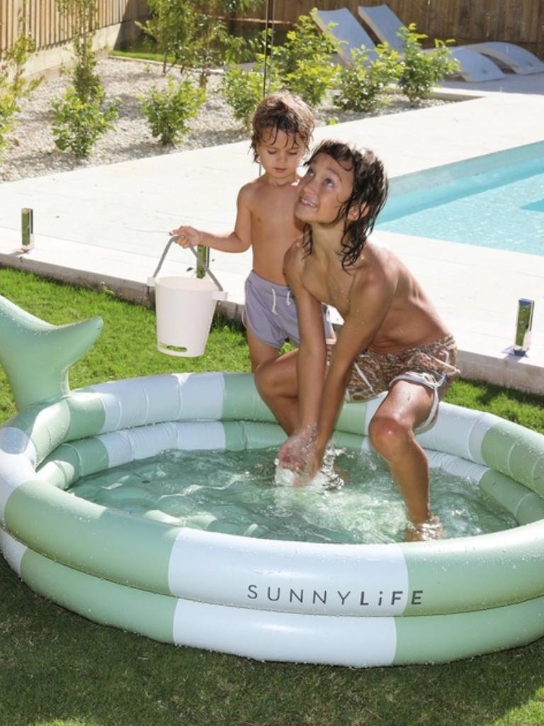 Sunnylife Inflatable Backyard Pool Shark Tribe Khaki. Picture: THE ICONIC.