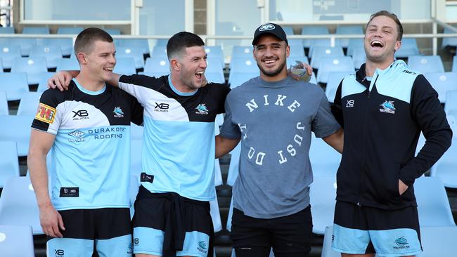 Former Cronulla Sharks star Valentine Holmes catching up with old mates. Picture: Sam Ruttyn