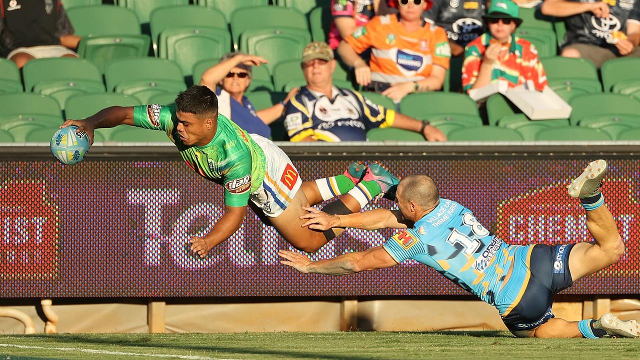 Matthew Timoko scores for the Raiders during the 2020 NRL Nines. Picture: Paul Kane/Getty