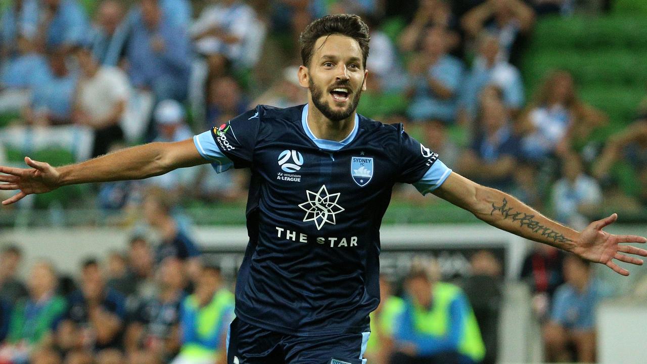 Milos Ninkovic celebrates after scoring against Melbourne City.